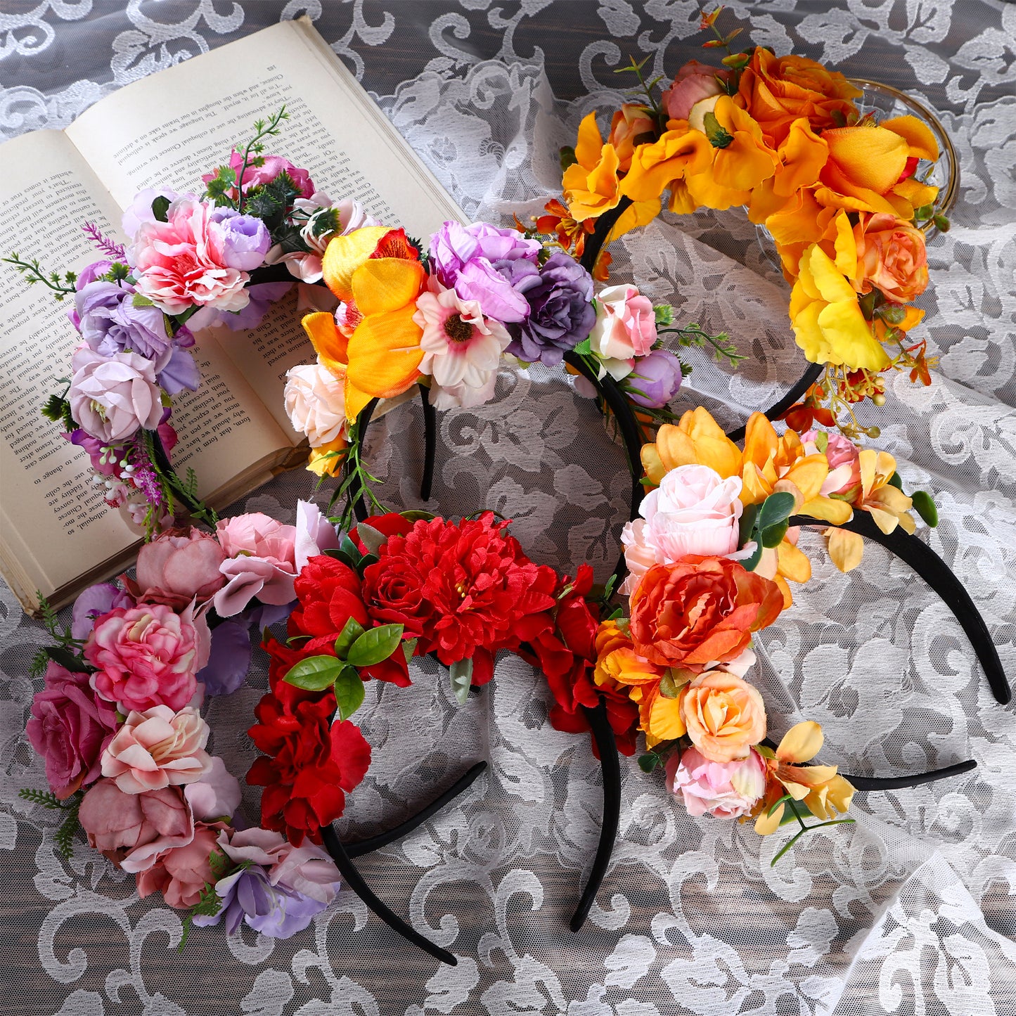 Handmade Orange Mexican Flower Headband - Floral Woodland Boho Crwon