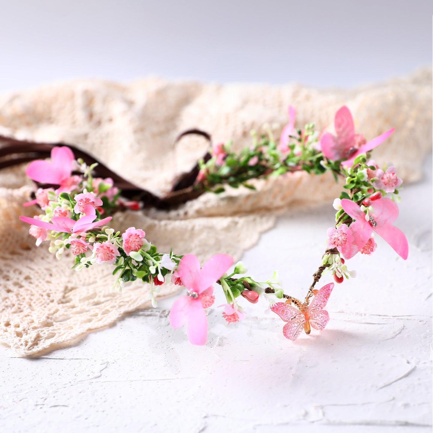 Pink Elf Flower Crown - Handmade Butterfly Fairy Headpiece Floral Circlet