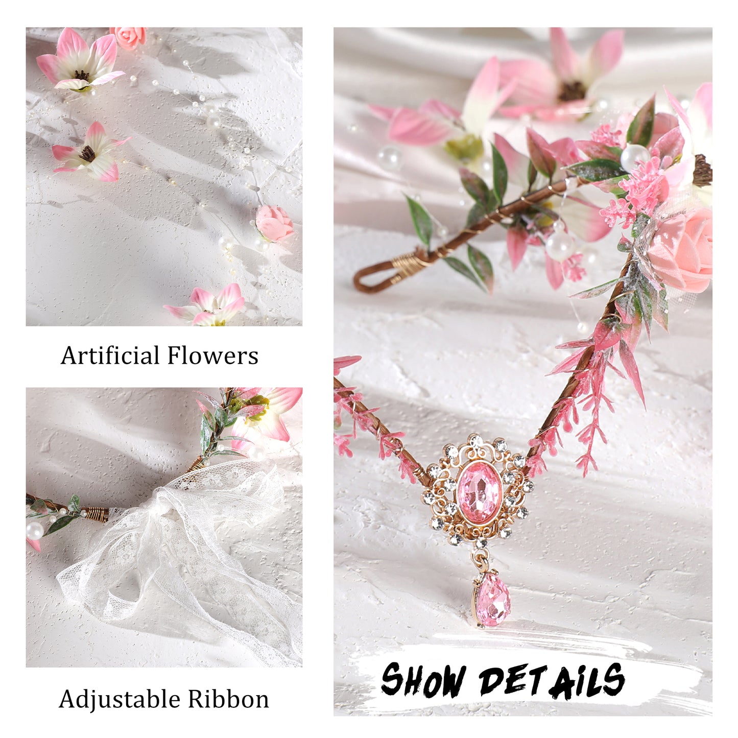 MOSTORY Pink Flower Fairy Crown - Woodland Elf Crown Floral Headpiece