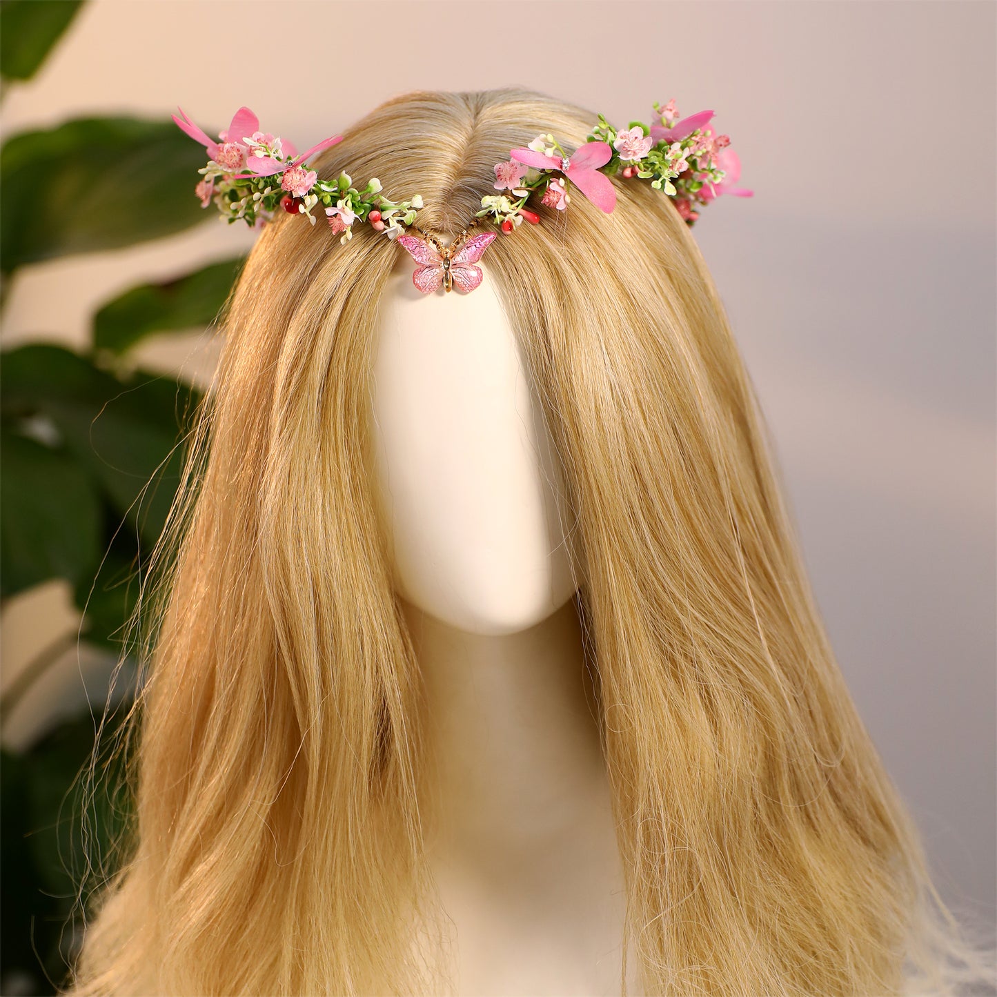 Pink Elf Flower Crown - Handmade Butterfly Fairy Headpiece Floral Circlet