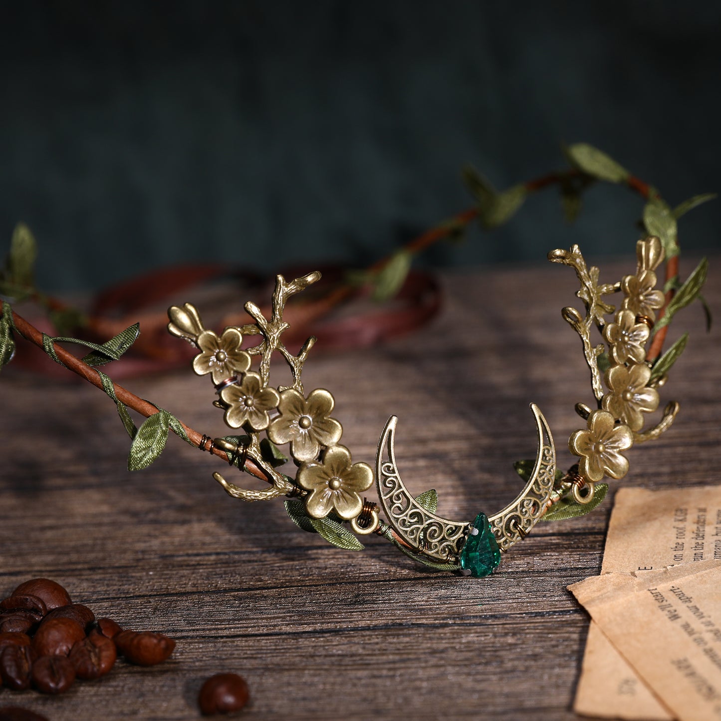 Woodland Elf Crown Headpiece: Moon Circlet Tiara, Peach Flower Fairy