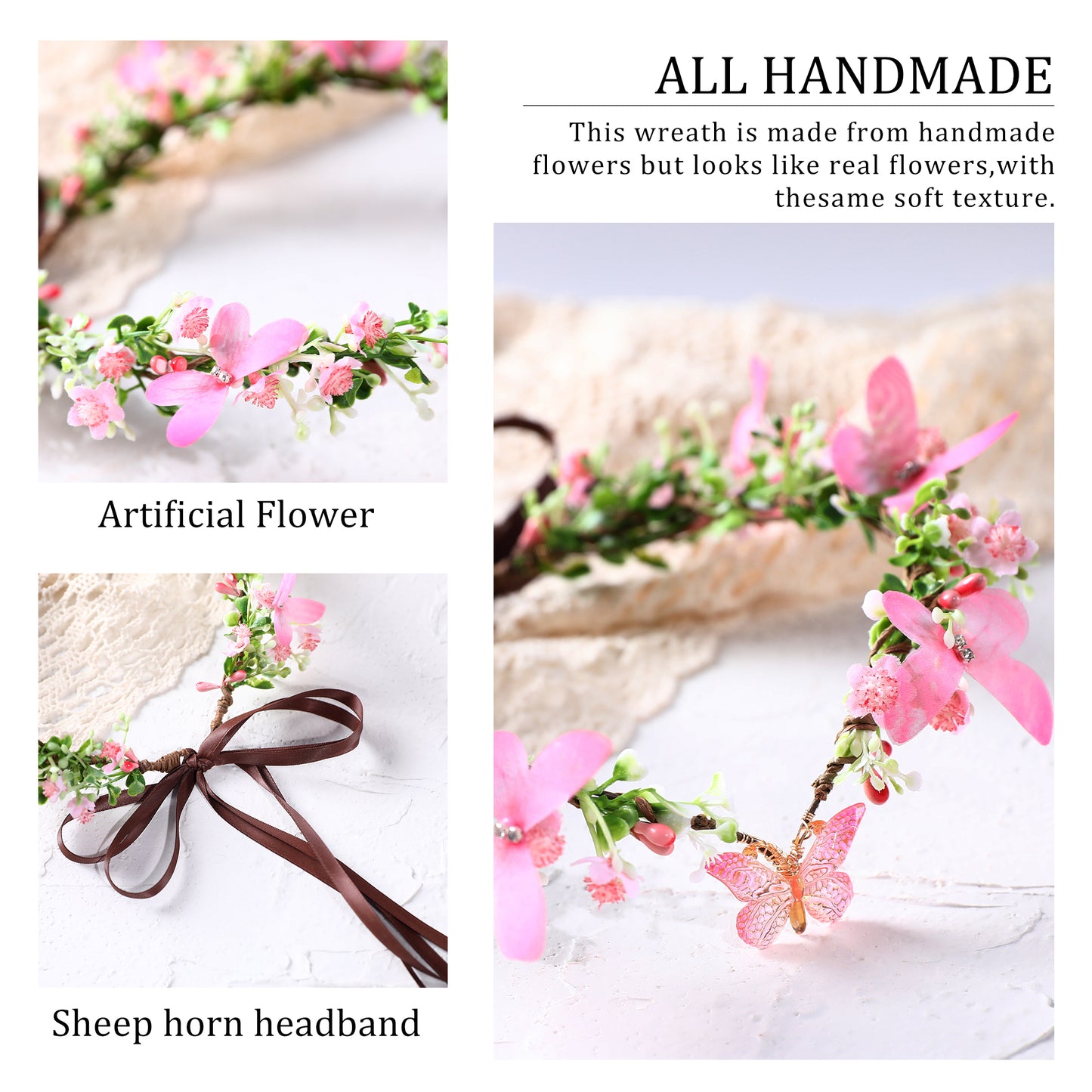 Pink Elf Flower Crown - Handmade Butterfly Fairy Headpiece Floral Circlet
