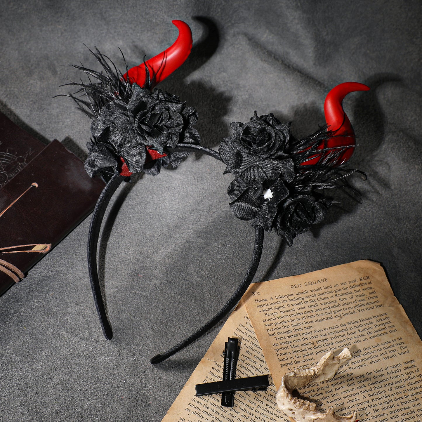 Black Halloween Horns Headband - Devil Flower Horn Headband Demon Floral Horns