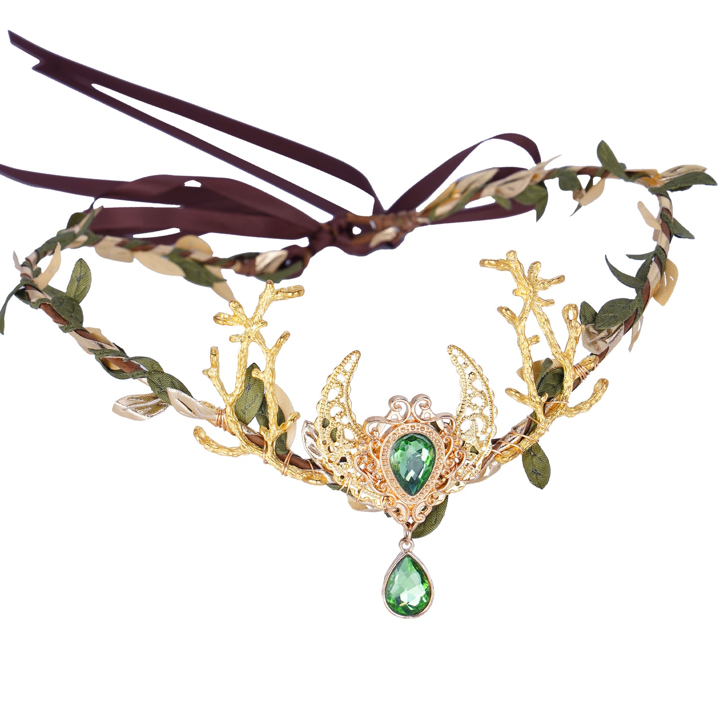 Emerald Crystal Elven Circlet: Golden Fairy Moon Crown