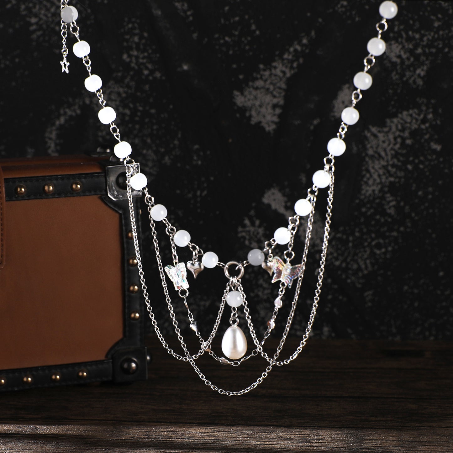 MOSTORY White Beaded Crystal Neckalce for Women Layered Charm Choker