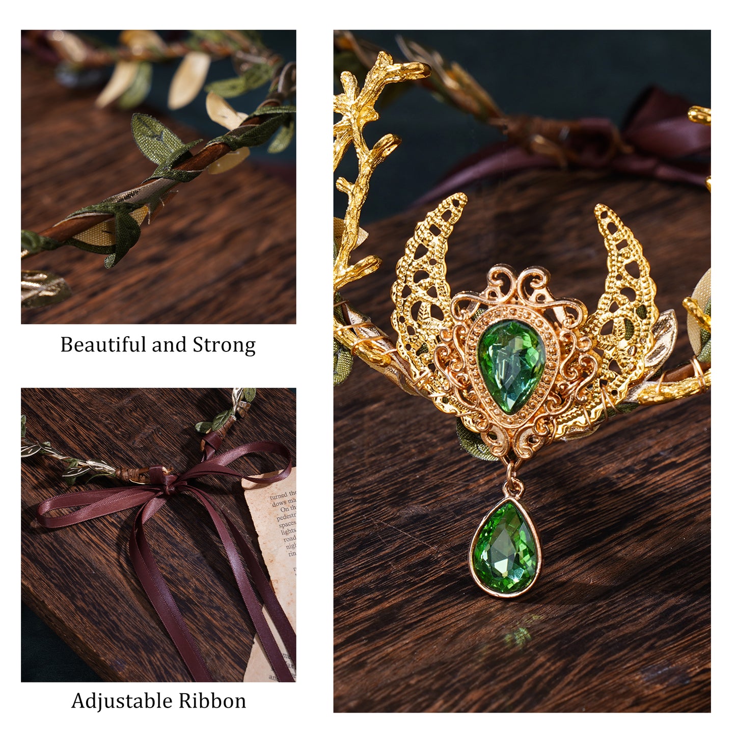 Emerald Crystal Elven Circlet: Golden Fairy Moon Crown