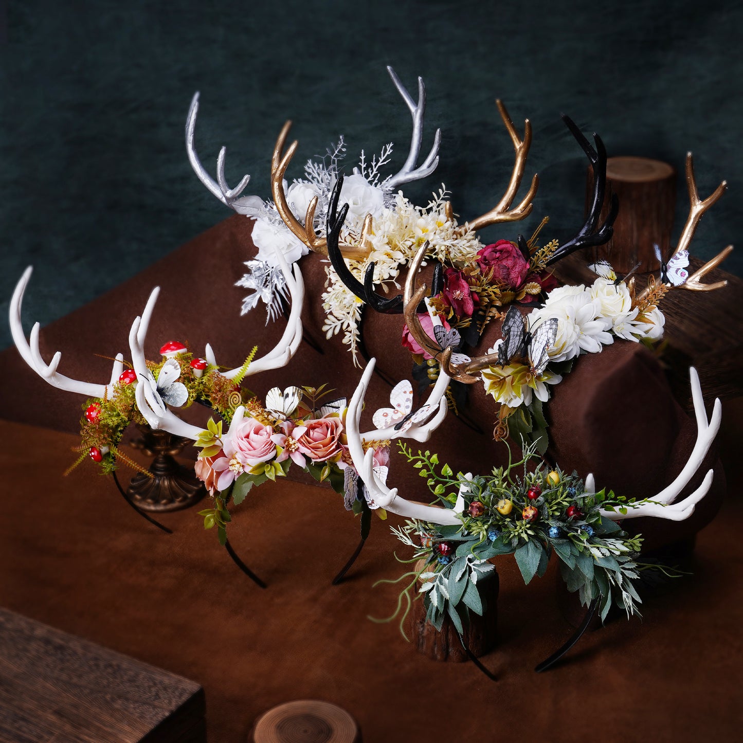 Handmade White Antler Headband: Green Leaves Woodland Crown