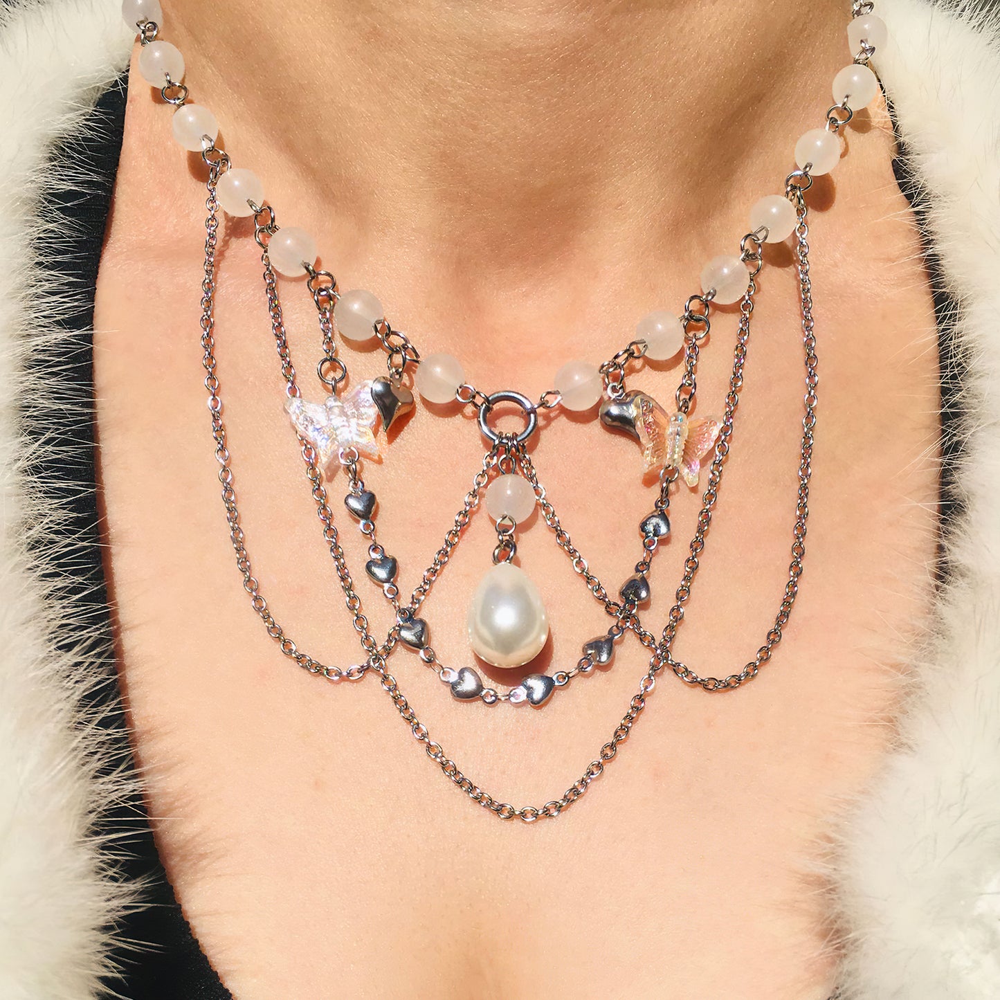 MOSTORY White Beaded Crystal Neckalce for Women Layered Charm Choker