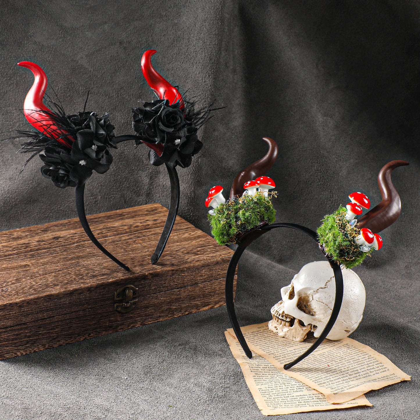 Black Halloween Horns Headband - Devil Flower Horn Headband Demon Floral Horns