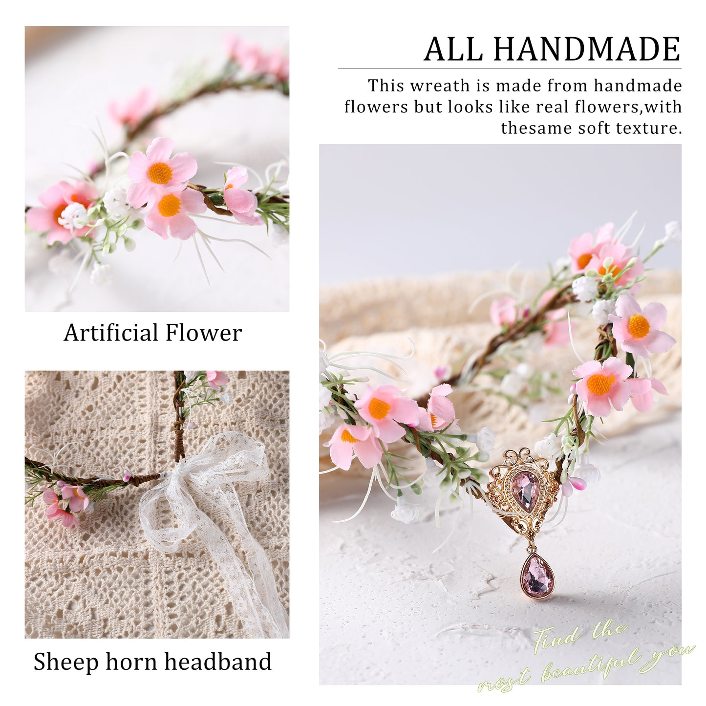 Pink Flower Elf Crown - Handmade Woodland Fairy Headpiece Forest Floral Headband