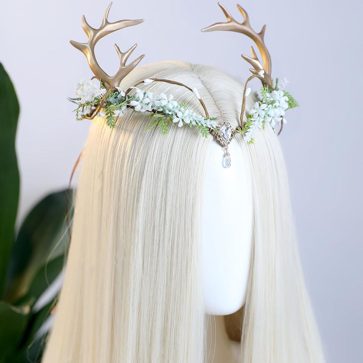 MOSTORY Antlers Headpiece Elf Crown with Flowers & Gemstones