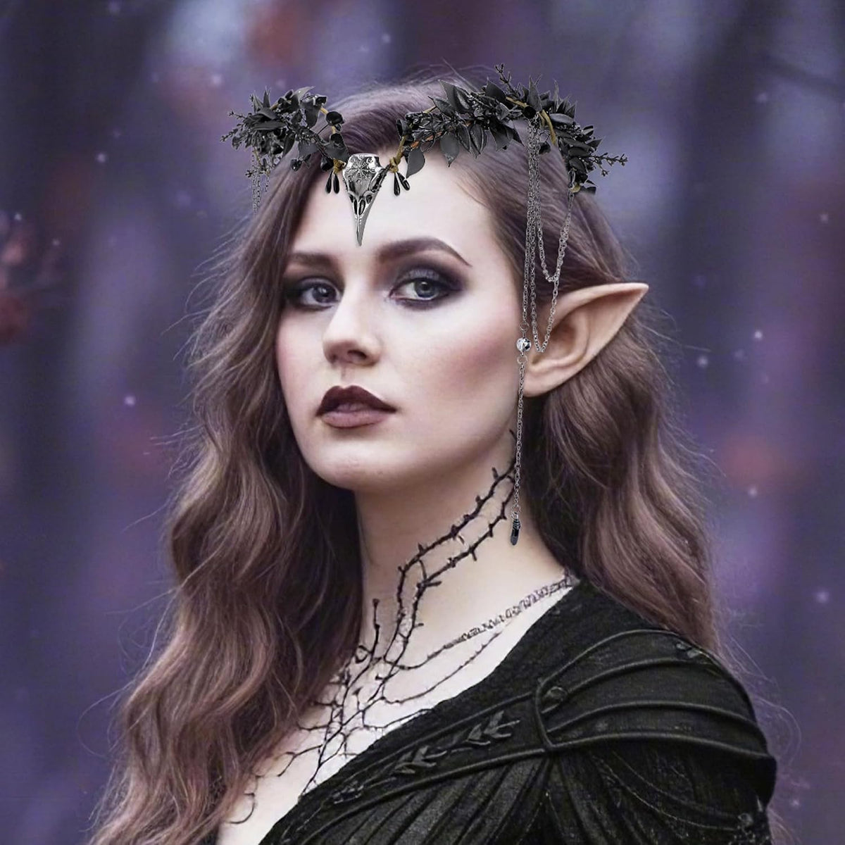 Gothic Witch Crown for Women, Elf Headpiece with Tassel & Raven