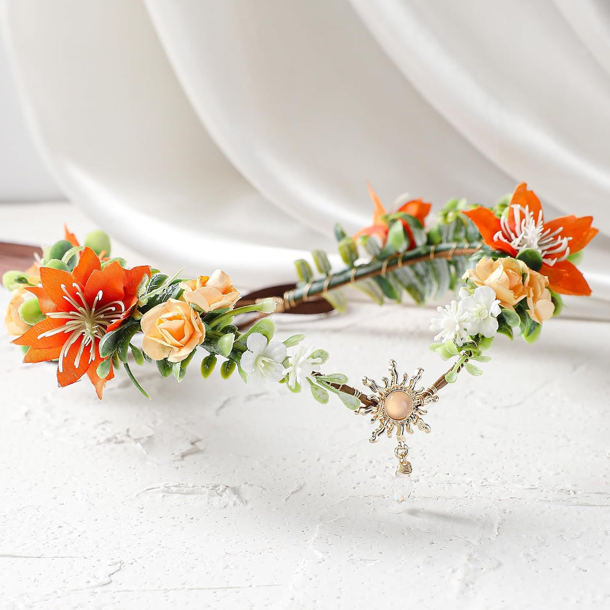 MOSTORY Orange Flower Crown Fairy Headdress Renaissance Costume