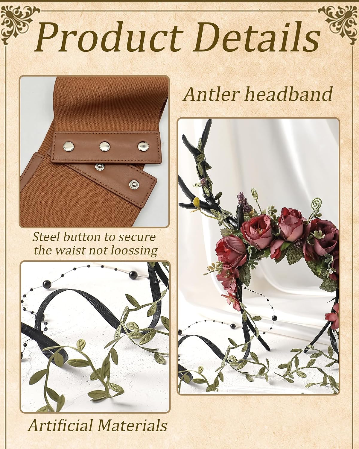 MOSTORY Brown Corset Belt & Woodland Antlers Headband Set