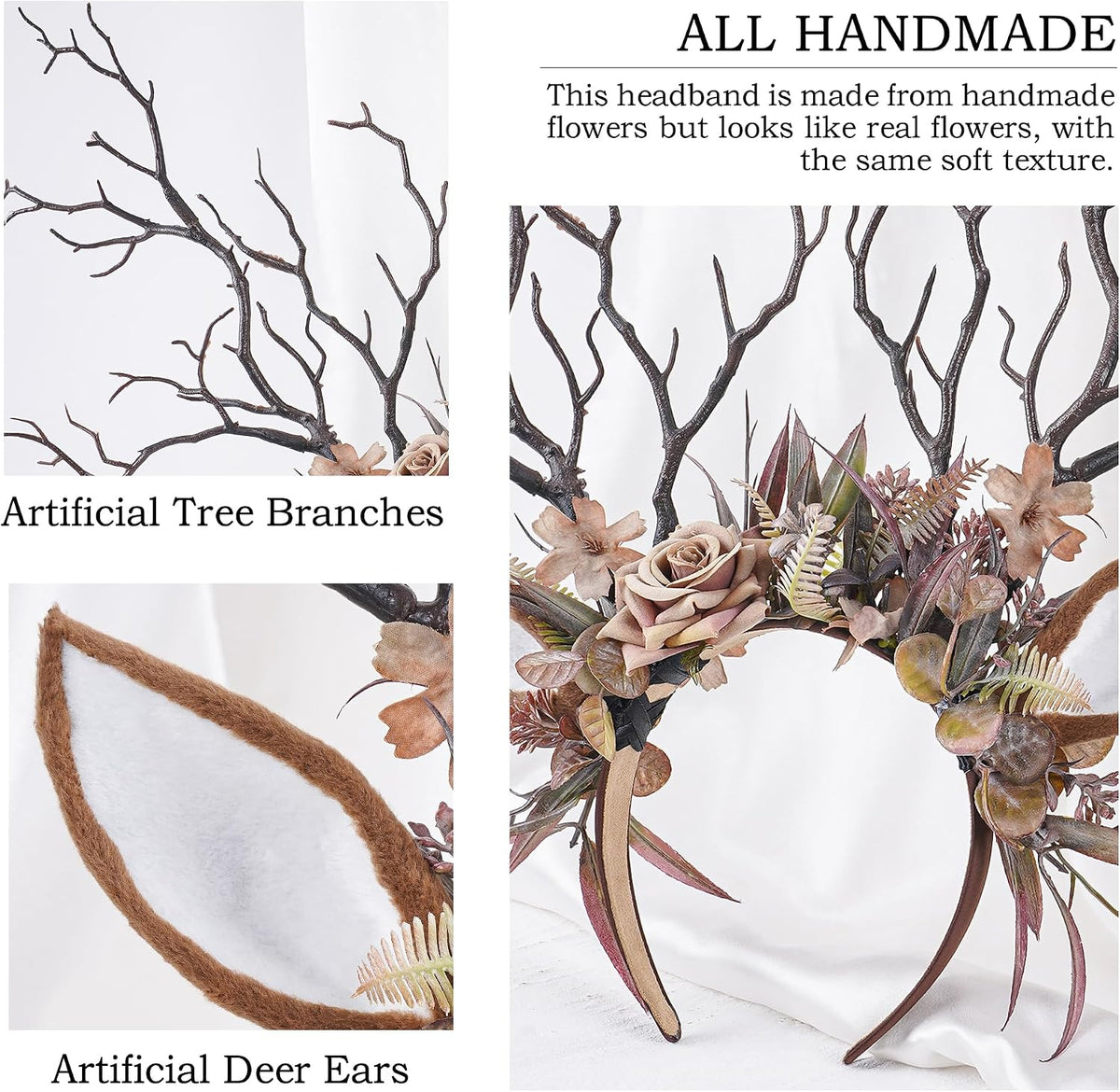 MOSTORY Green Woodland Reindeer Ear Headband with Flowers & Ivy