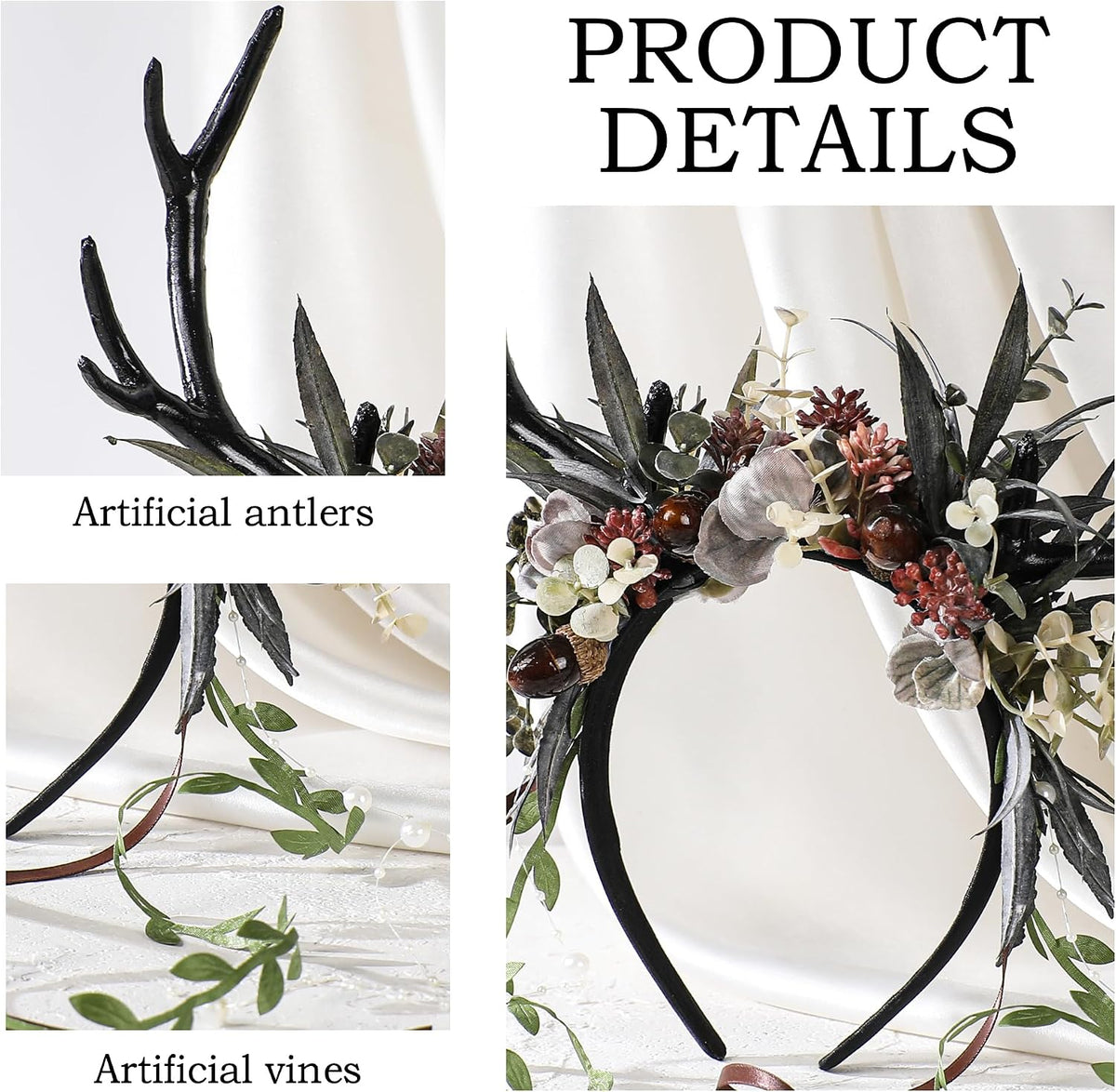 MOSTORY Dark Flower Antler Headband with Vines & Berries