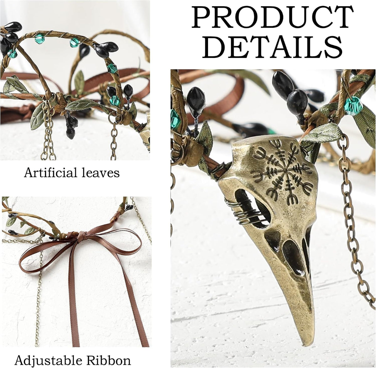 Medieval Raven Elf Crown – Beaded Floral Circlet with Tassel