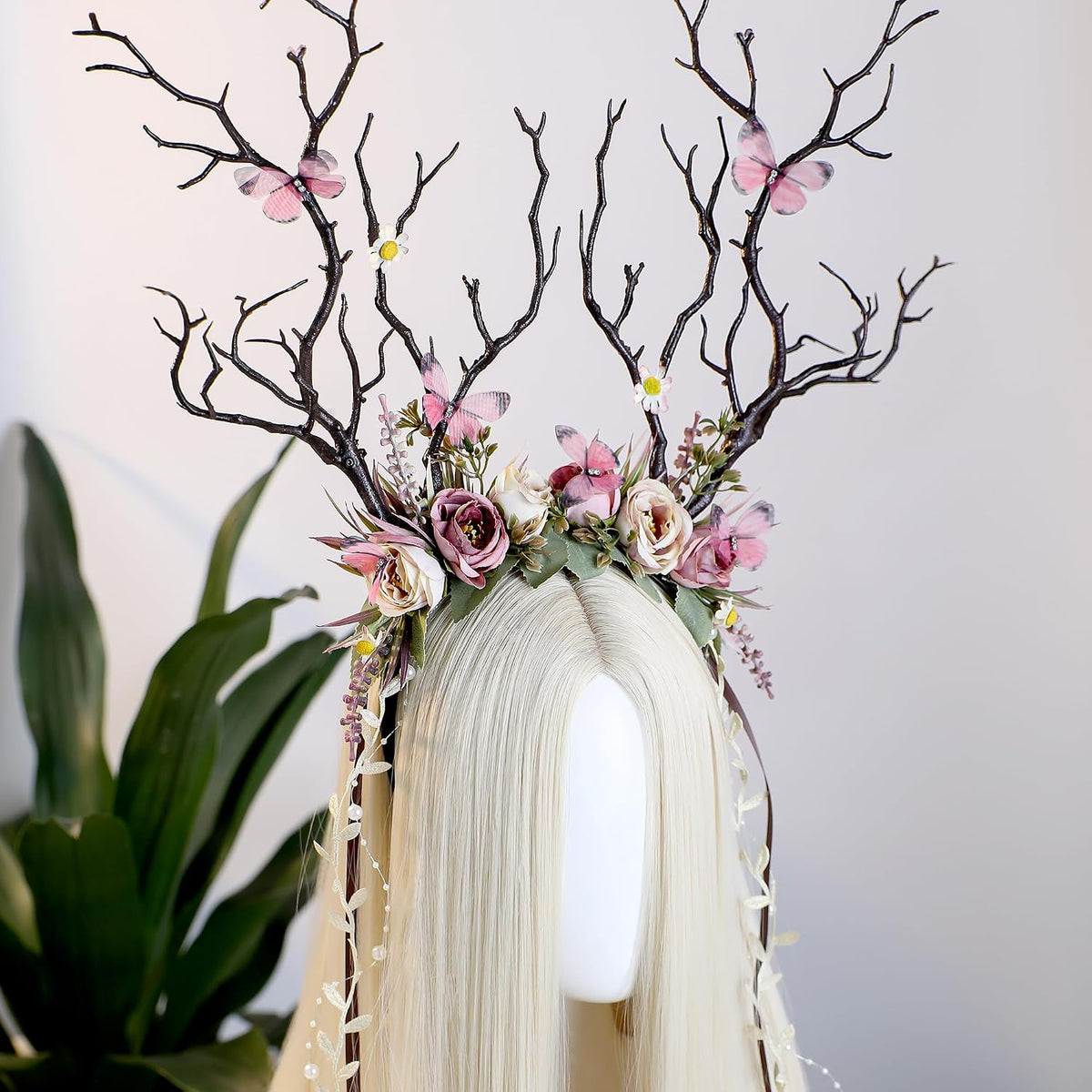 Deer Headband Elf Crown with Flowers & Butterfly