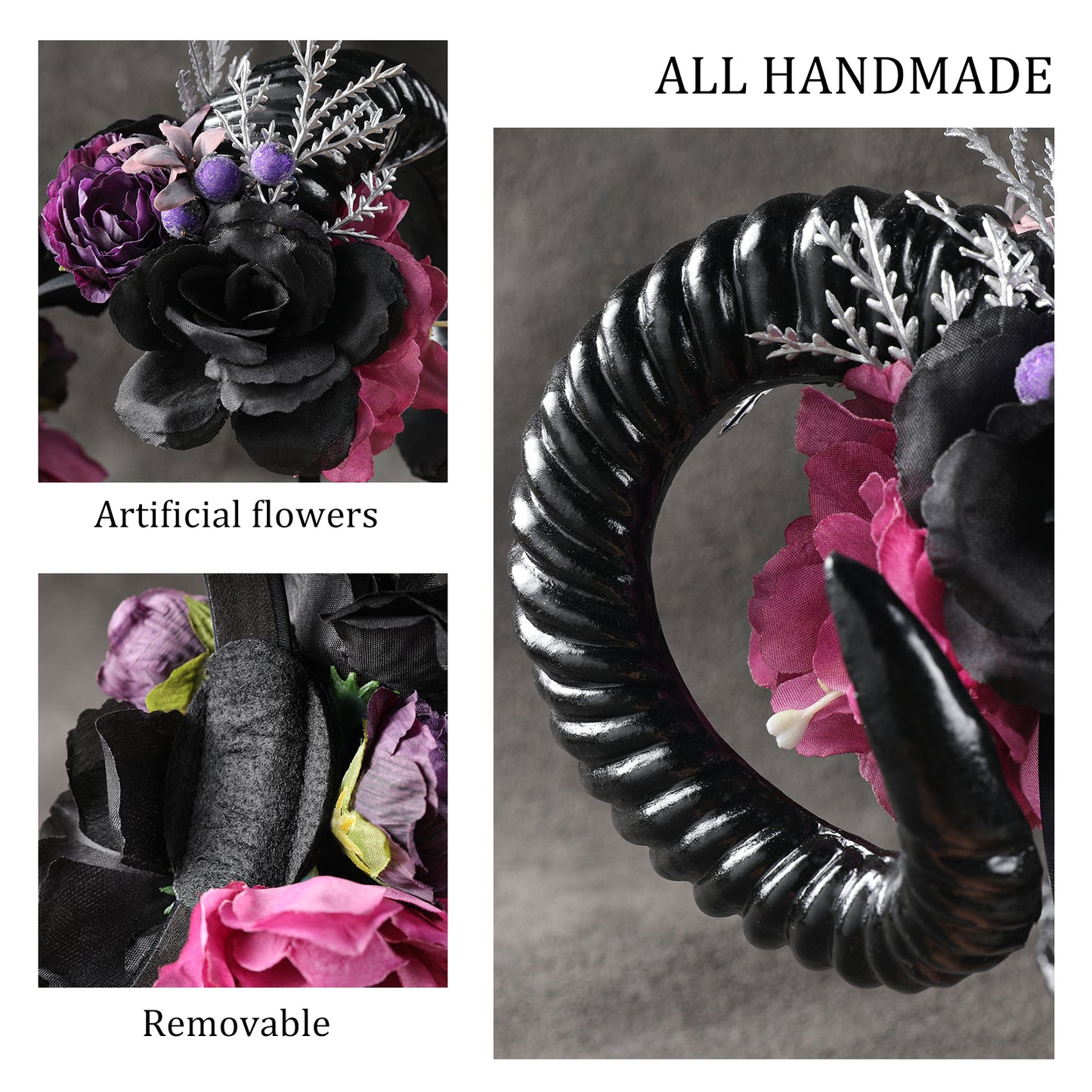 MOSTORY Black Sheep Horn Headband - Gothic Horn Headband Big Devil Horns Hairband with Flower for Women Witch Renaissance Renfaire Halloween