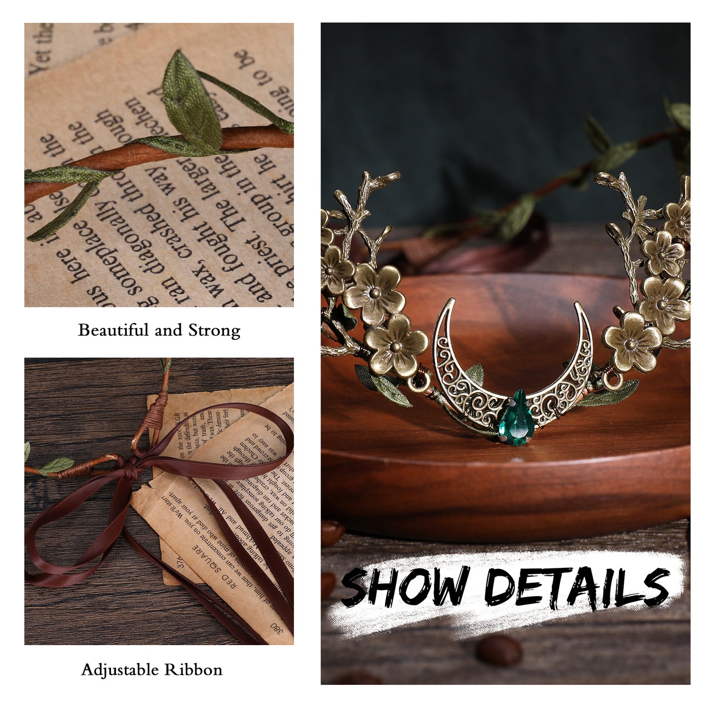 Woodland Elf Crown Headpiece: Moon Circlet Tiara, Peach Flower Fairy