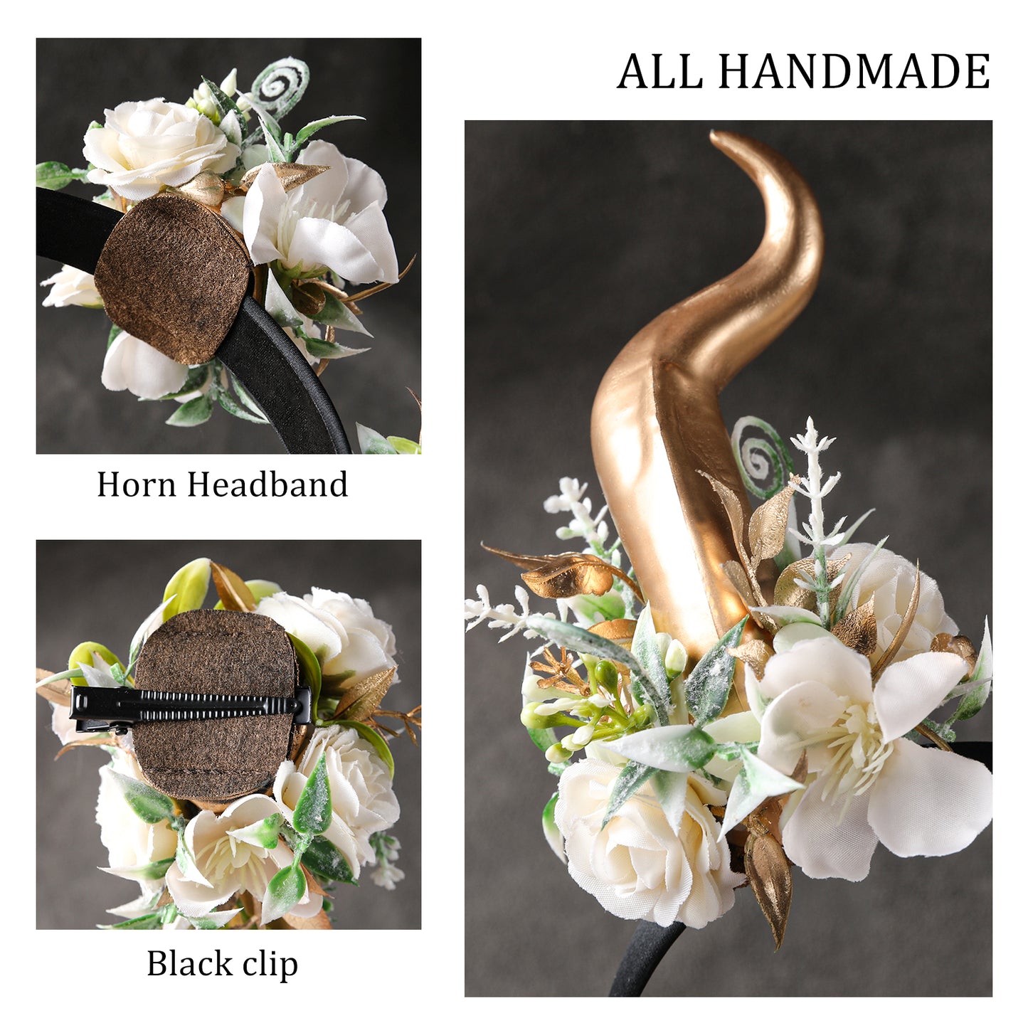 Gold Flower Horns Headband - Devil Horns Hairband Floral Horn