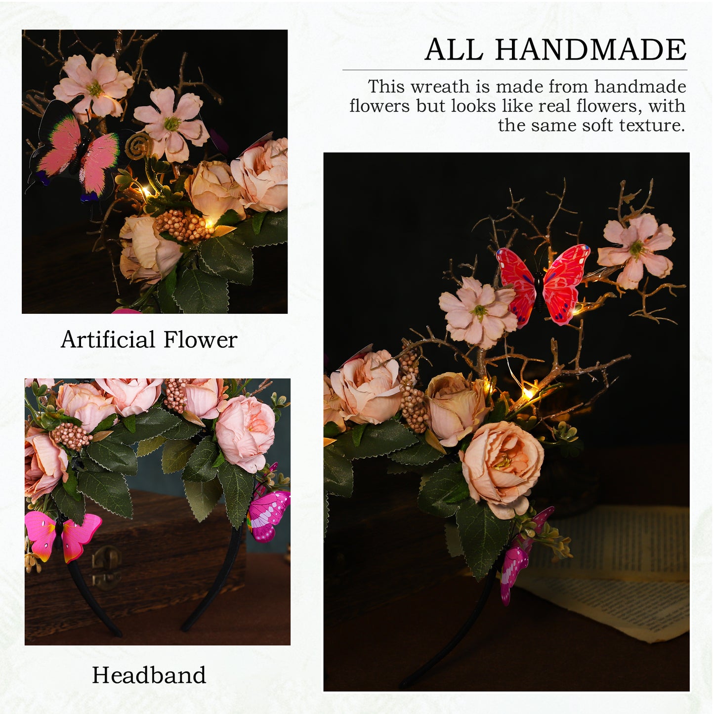 Handmade LED Butterfly Branch Headband - Yellow Woodland Hairband