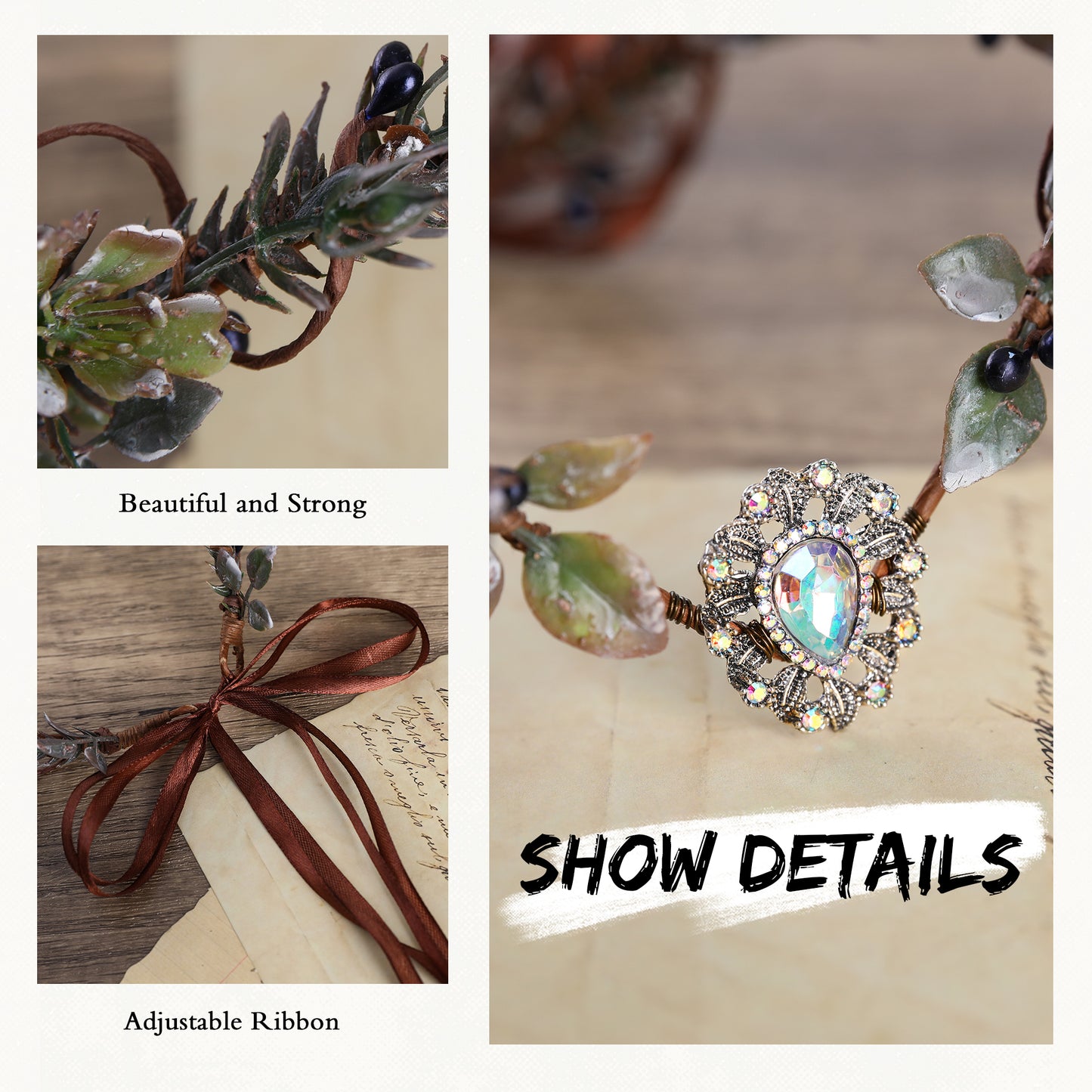 Woodland Elf Crystal Headpiece: Cypress Leaves Crown, Dark Vine Branches
