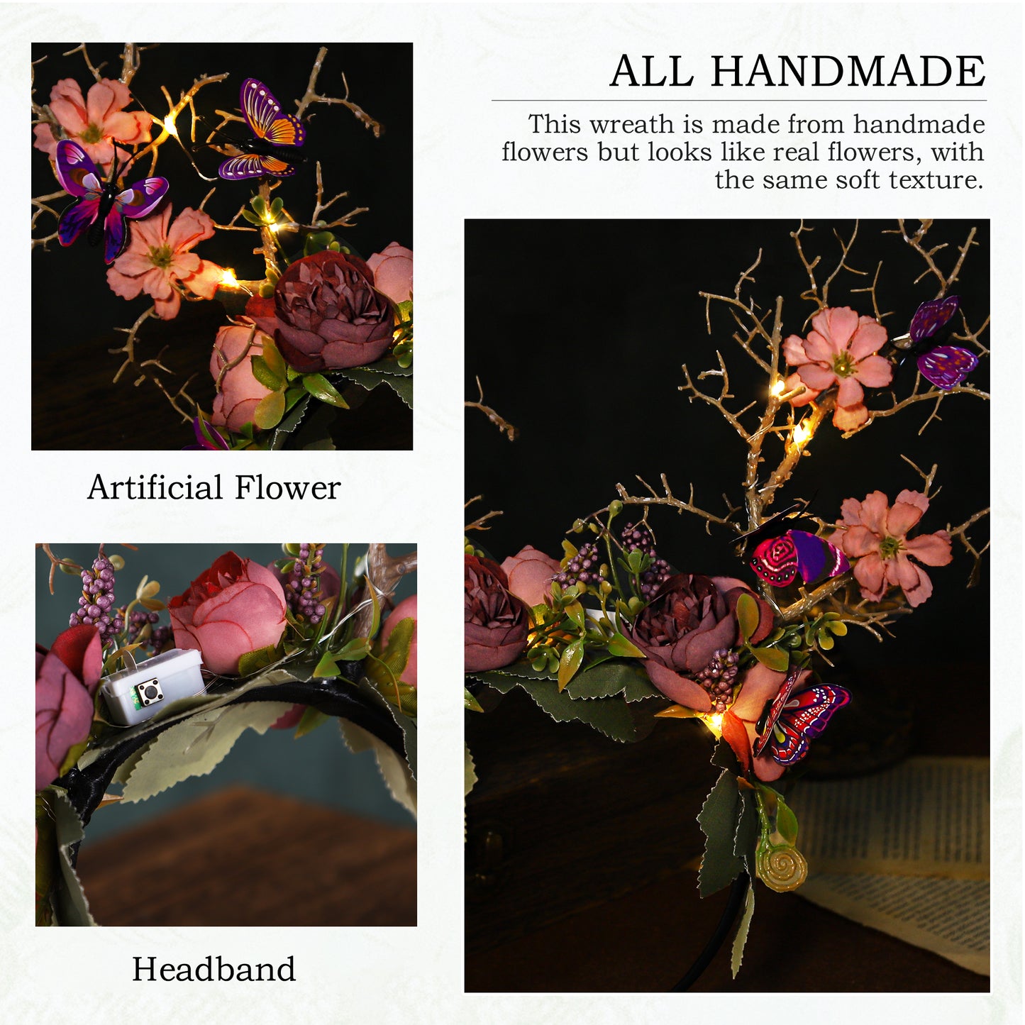 Handmade LED Flower Buttlerfly Headband - Light up Purple Woodland Hairband