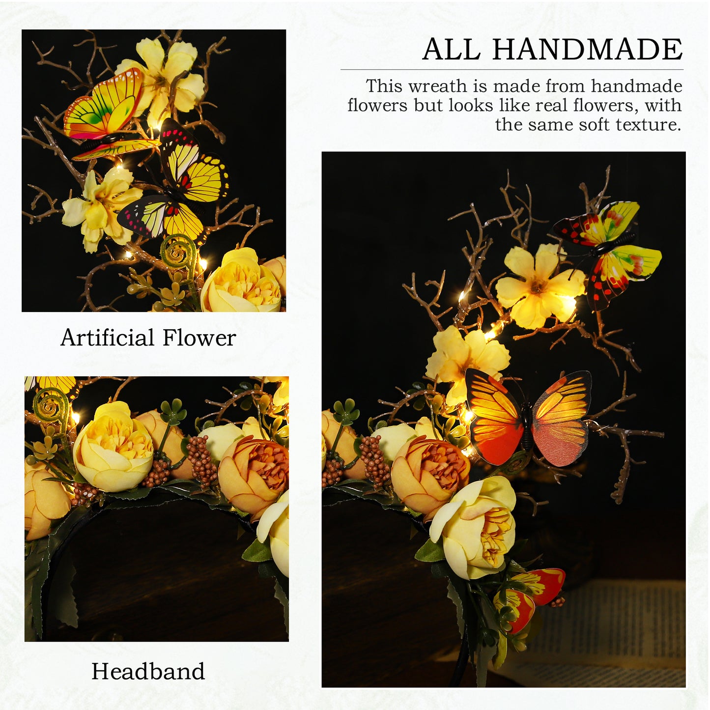 Handmade LED Butterfly Branch Headband - Yellow Woodland Hairband