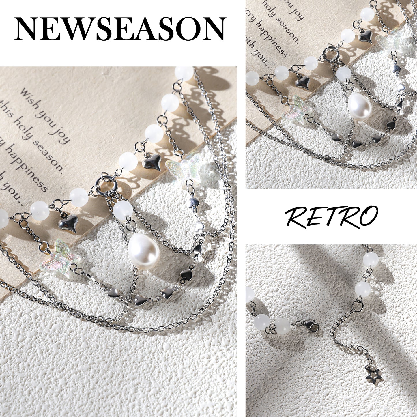 MOSTORY White Beaded Crystal Neckalce for Women Layered Charm Choker