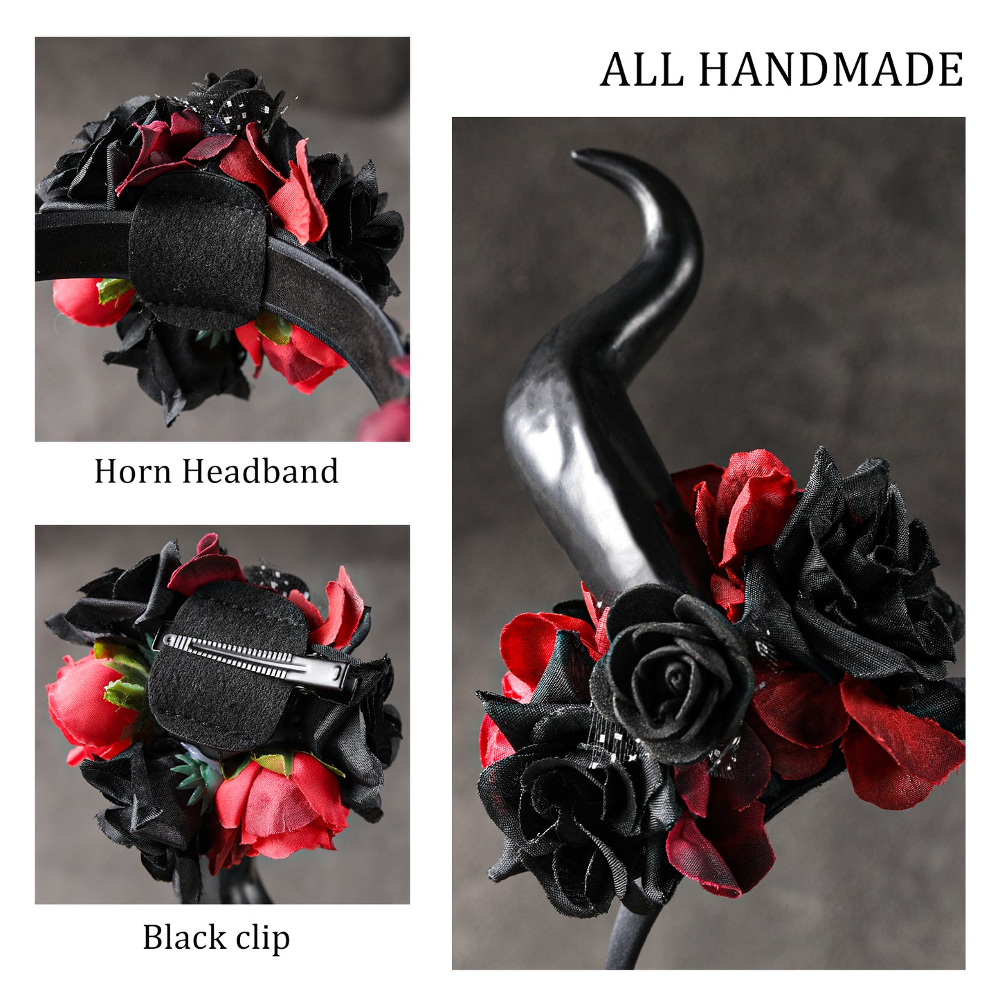 Black Flower Horns Headband - Dark Floral Horn Headband Demon Horn