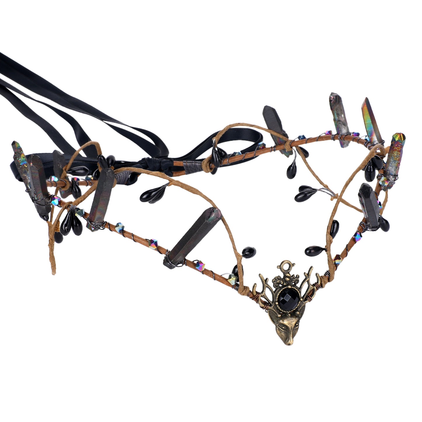 Crystal Elf Crown - Black Celtic Circlet Dark Raw Quaz Headpiece Gothic Elven Tiara