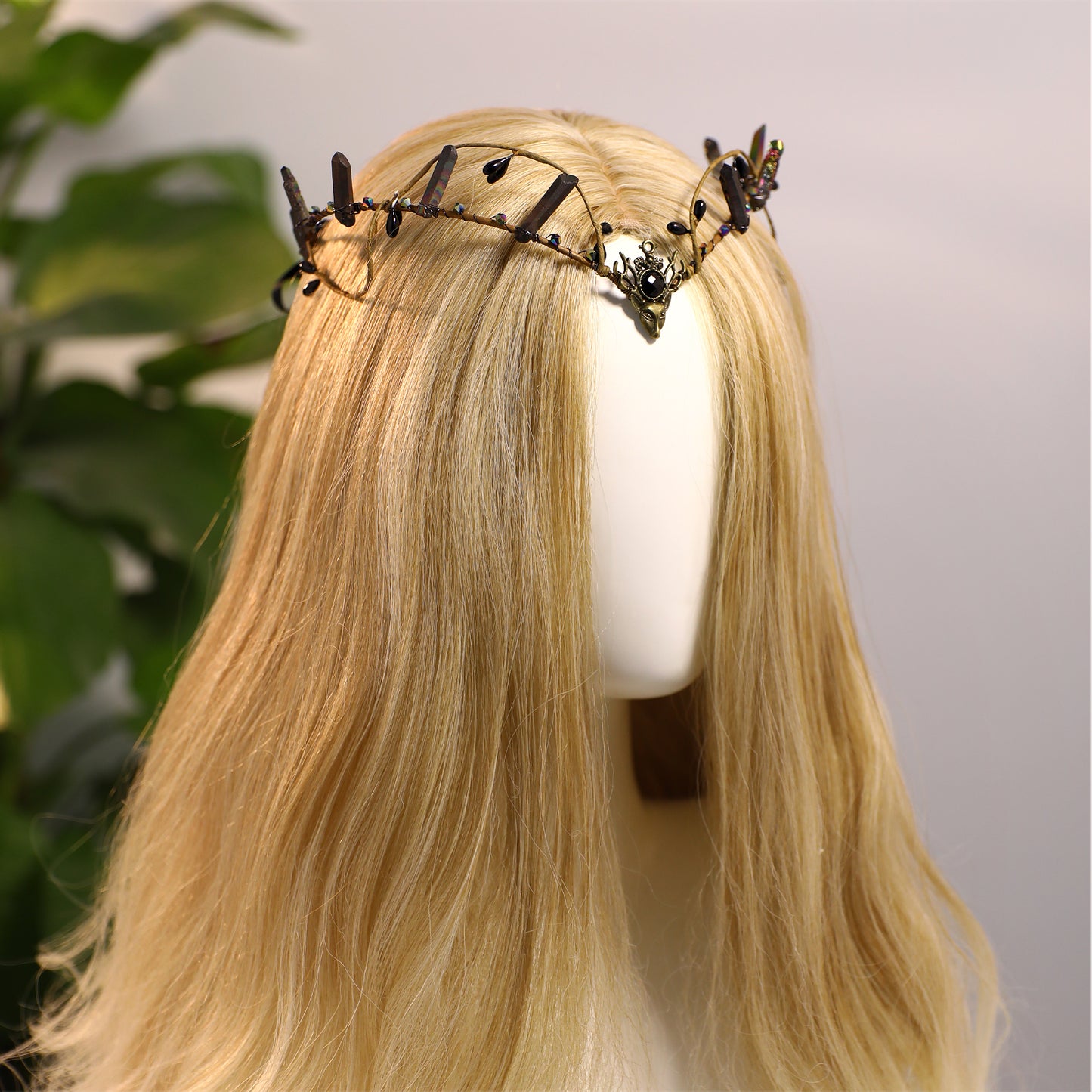 Crystal Elf Crown - Black Celtic Circlet Dark Raw Quaz Headpiece Gothic Elven Tiara