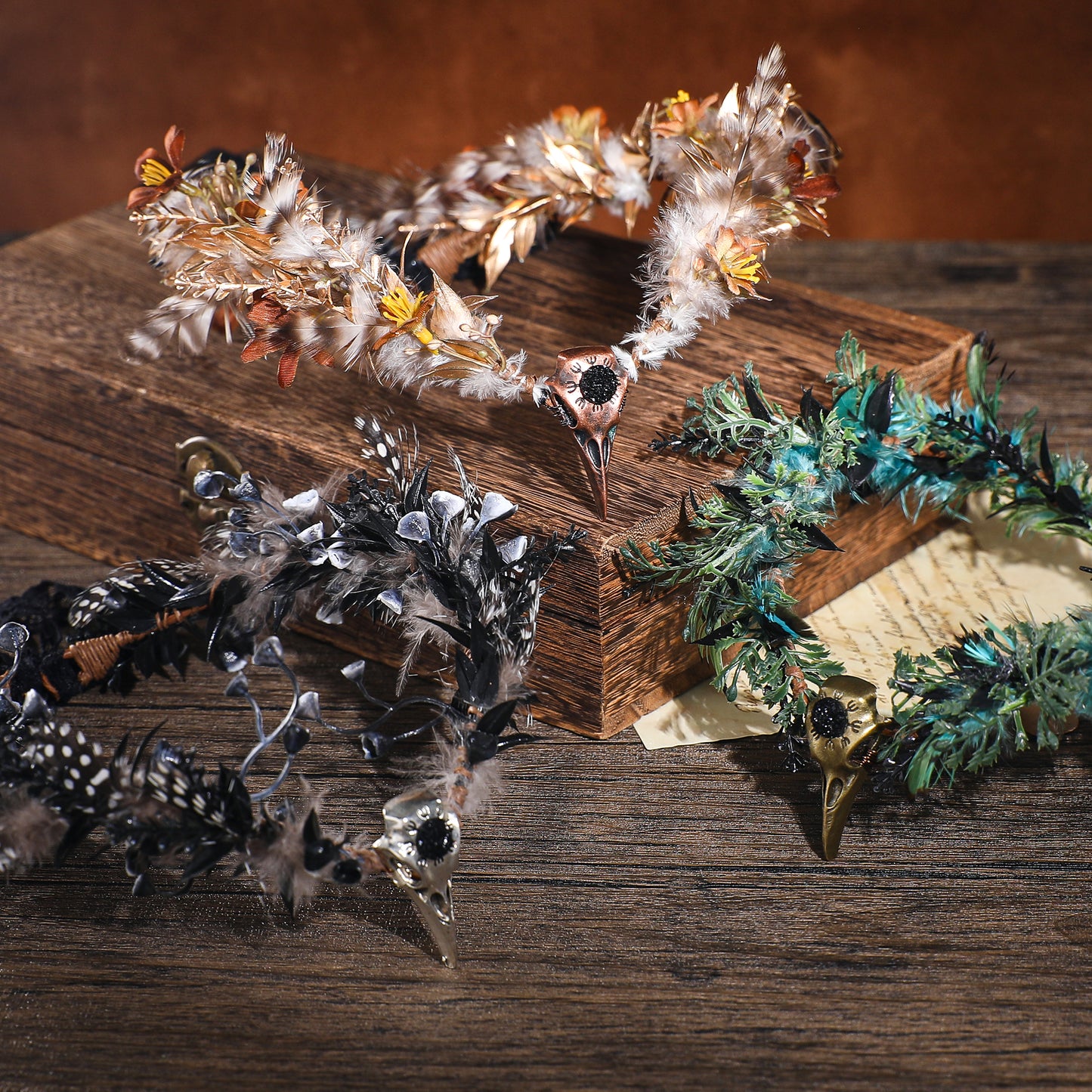 Green Feather Elf Crown - Handmade Gothic Raven Flower Headpiece