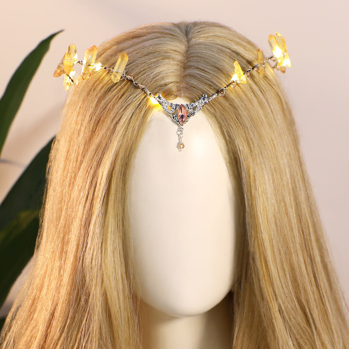Light up Crystal Crown - Orange LED Elf Headpiece Raw Quartz Headband Fairy Circlet for Women Renaissance Masquerade Cosplay Re