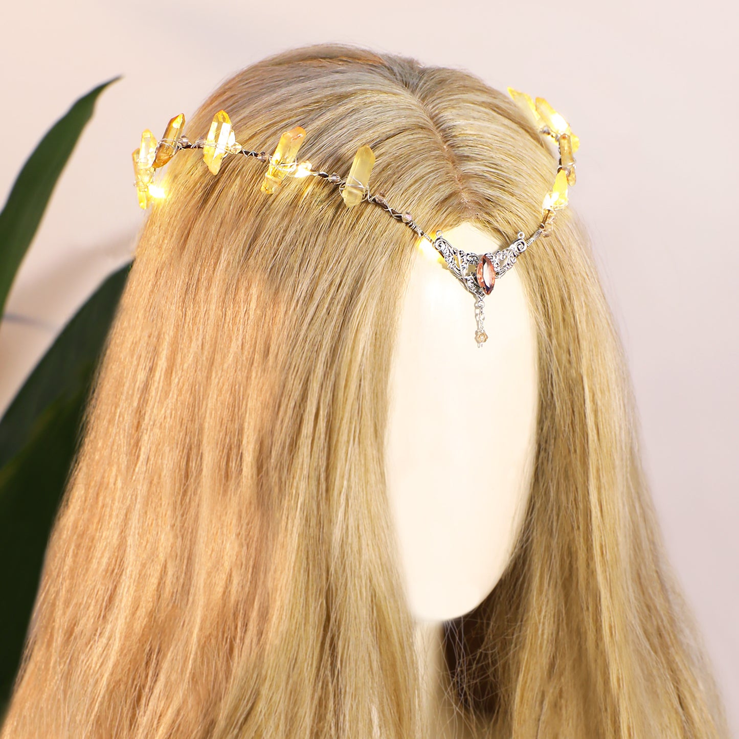 Light up Crystal Crown - Orange LED Elf Headpiece Raw Quartz Headband Fairy Circlet for Women Renaissance Masquerade Cosplay Re