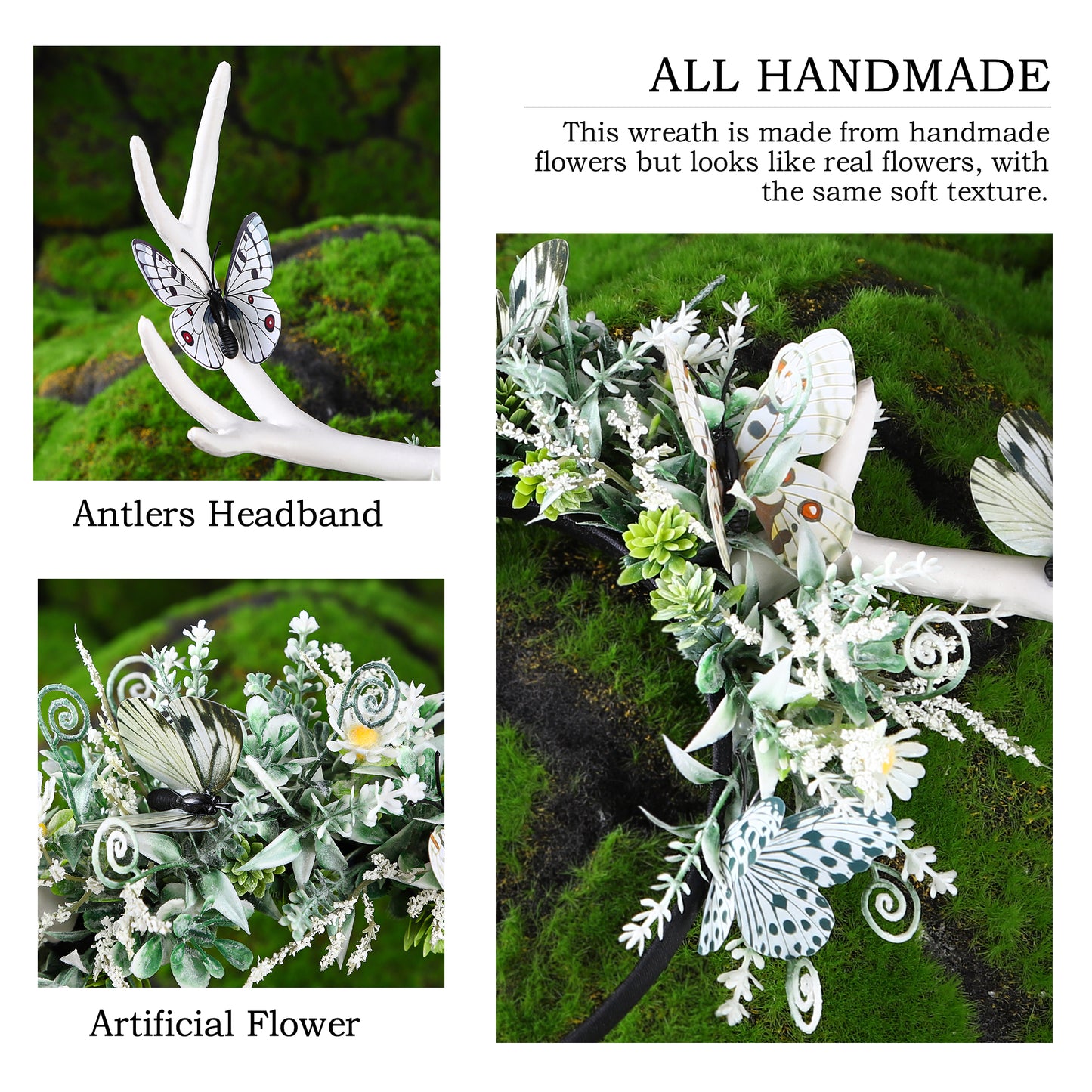 andmade Green Butterfly Antler Headband - Woodland Fairy Flower Hairband