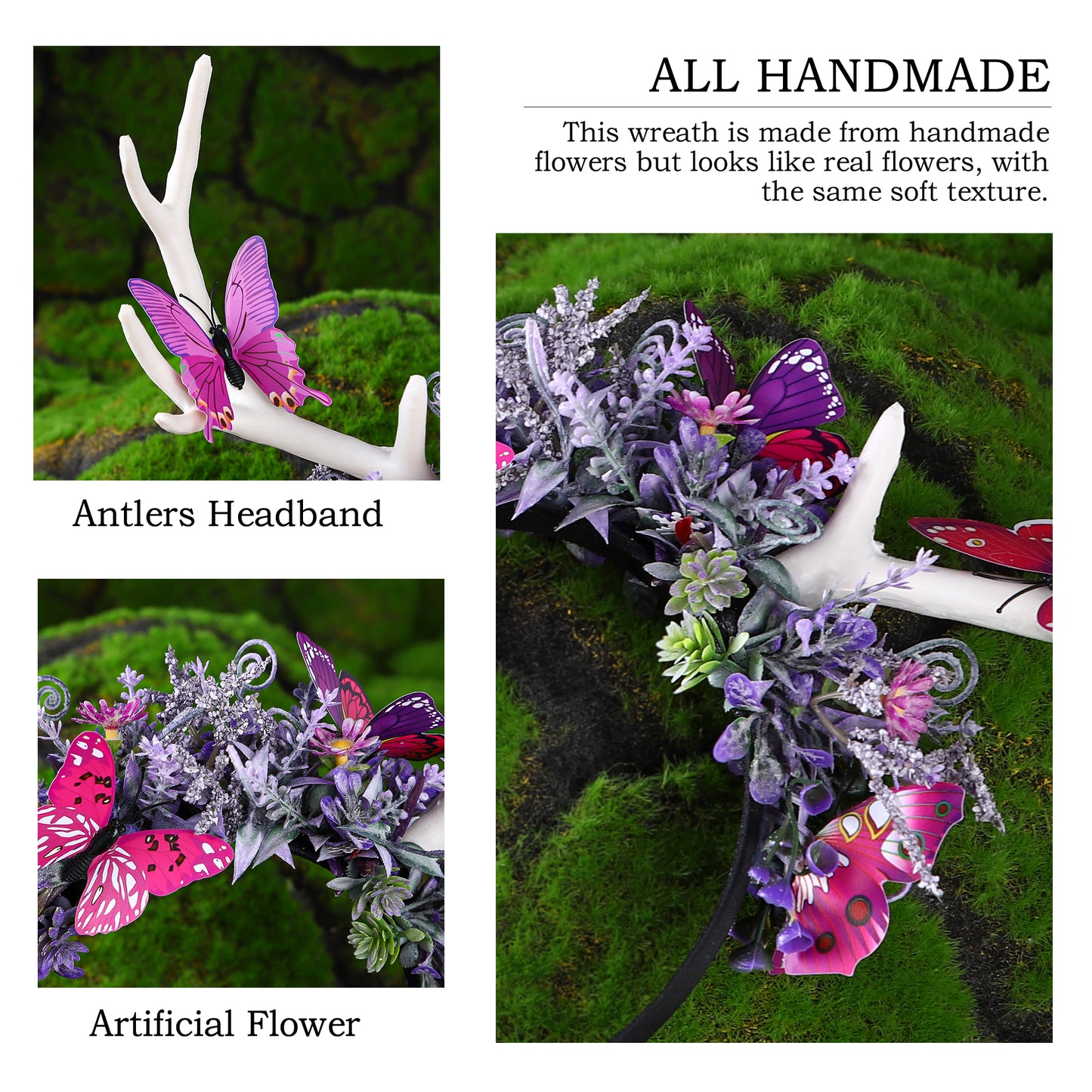 Handmade Butterfly Fairy Antler Headband - Reindeer Floral Headband