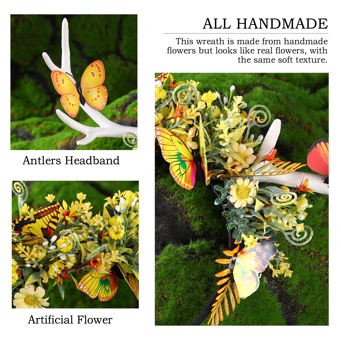 Handmade Butterfly Flower Antler Headband - White Horn Hairband