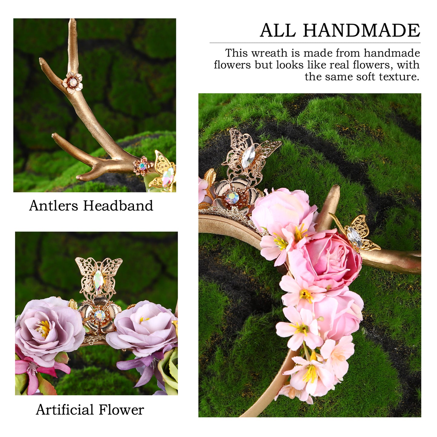 Handmade Butterfly Fairy Flower Headband - Woodland Gold Antler Elf Hairband