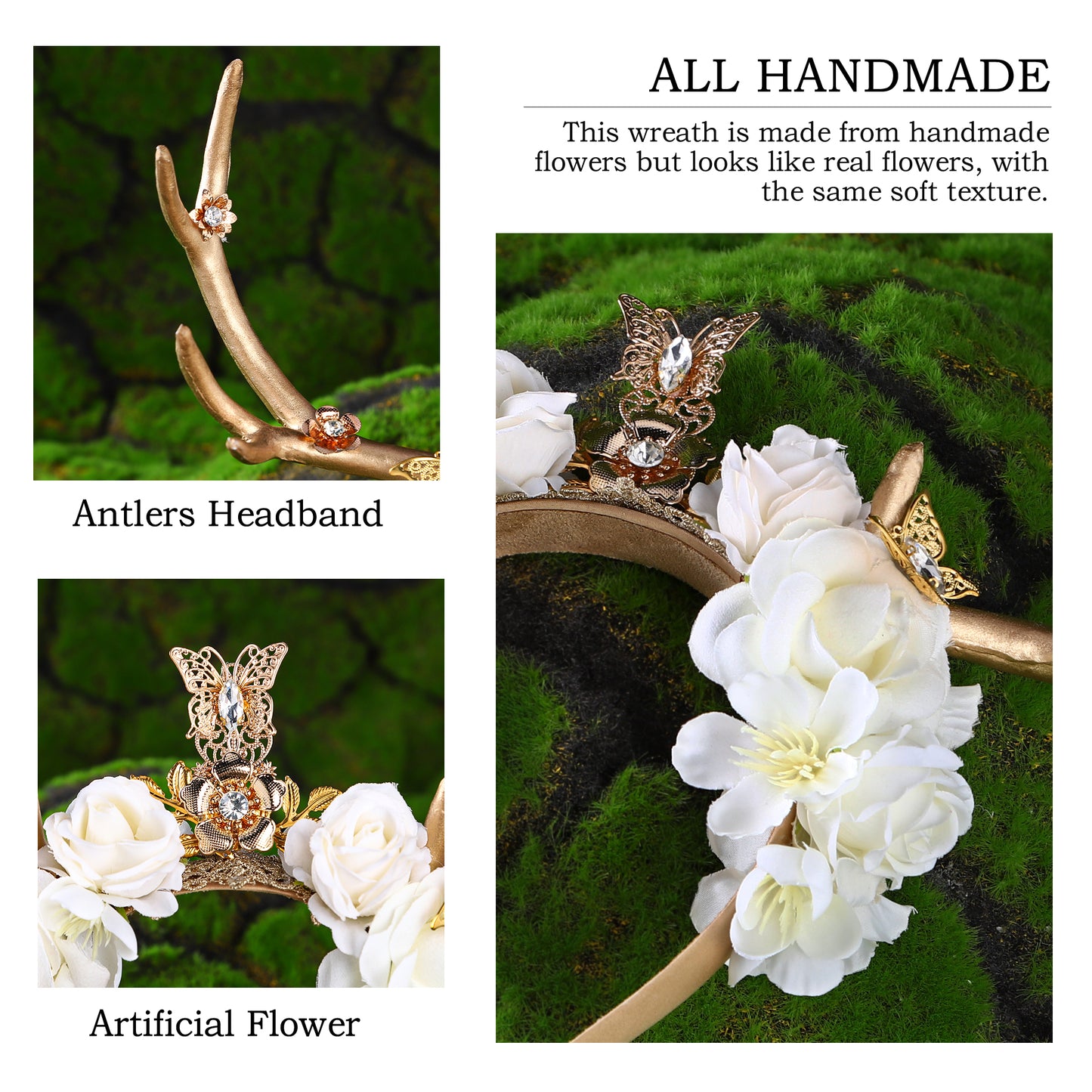 Handmade Butterfly Fairy Flower Crown - Gold Antler Floral Headband