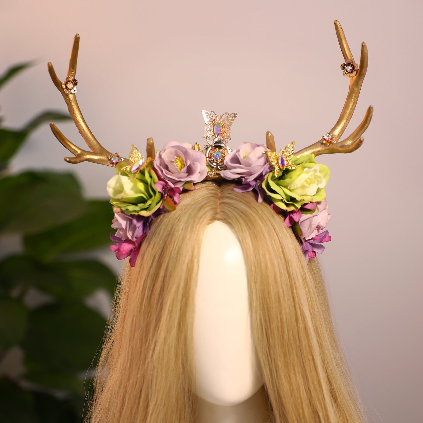 Gold Butterfly Fairy Flower Headband - Handmade Antler Floral Elf Crown