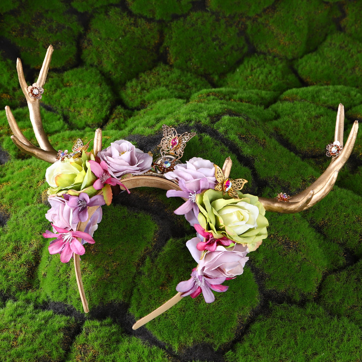Gold Butterfly Fairy Flower Headband - Handmade Antler Floral Elf Crown