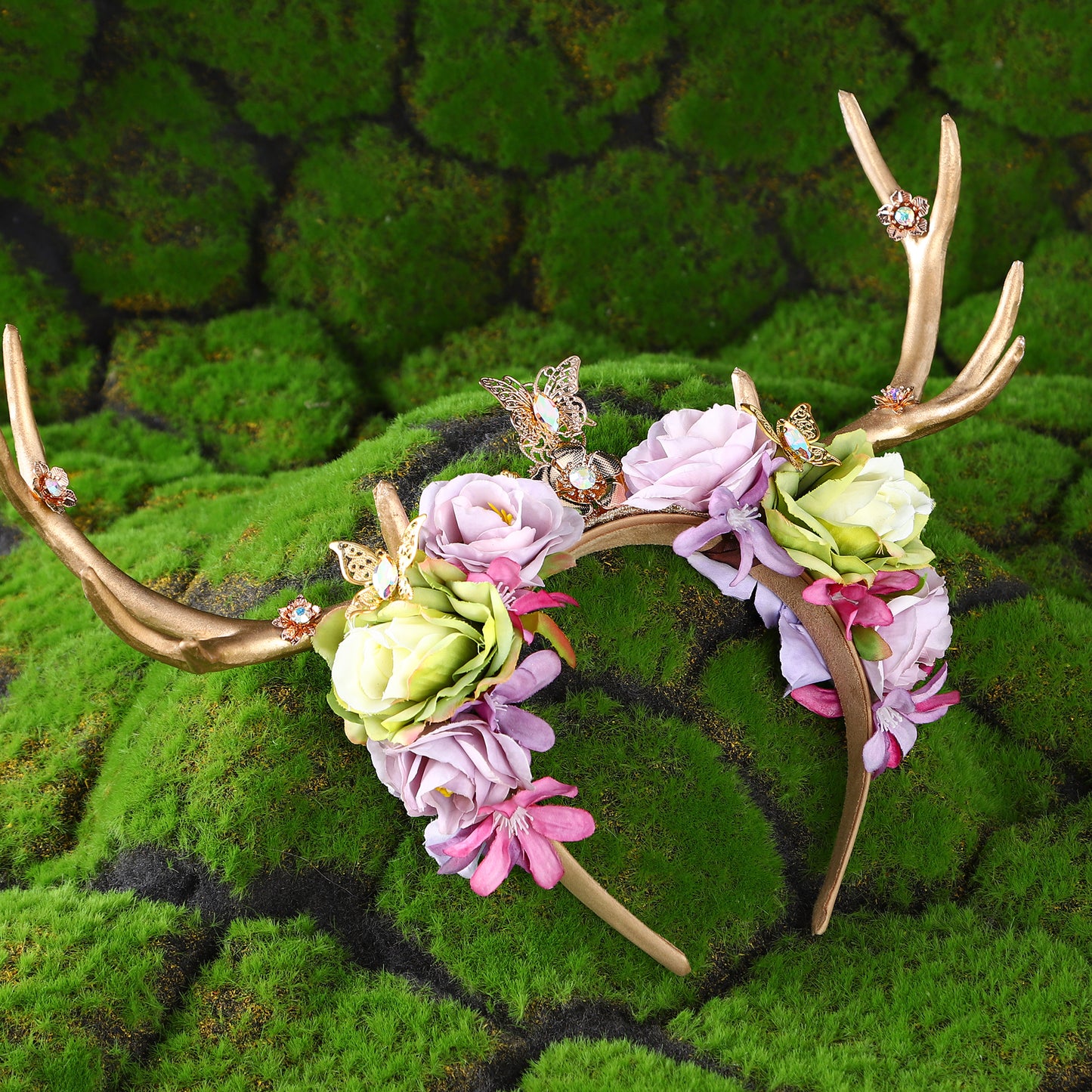 Gold Butterfly Fairy Flower Headband - Handmade Antler Floral Elf Crown