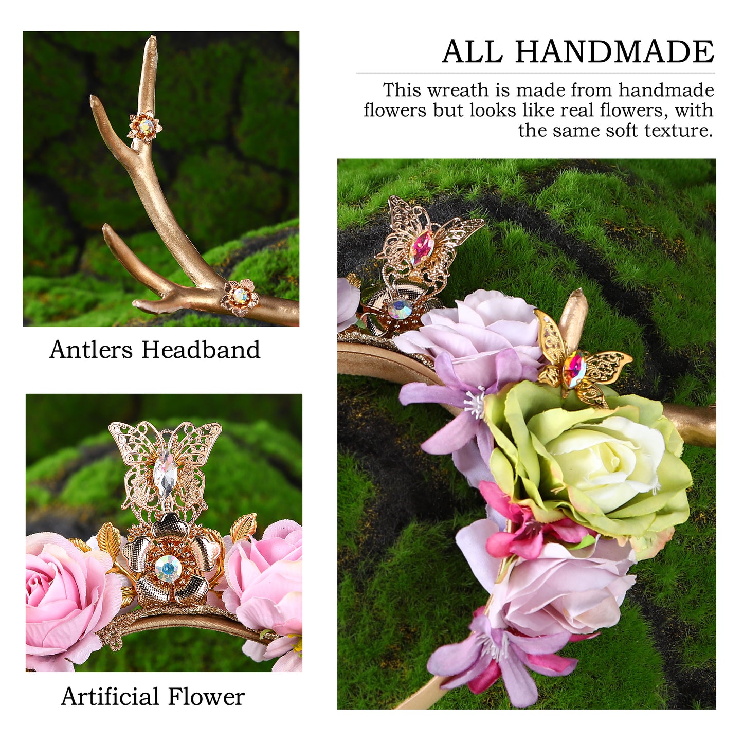 Gold Butterfly Fairy Flower Headband - Handmade Antler Floral Elf Crown