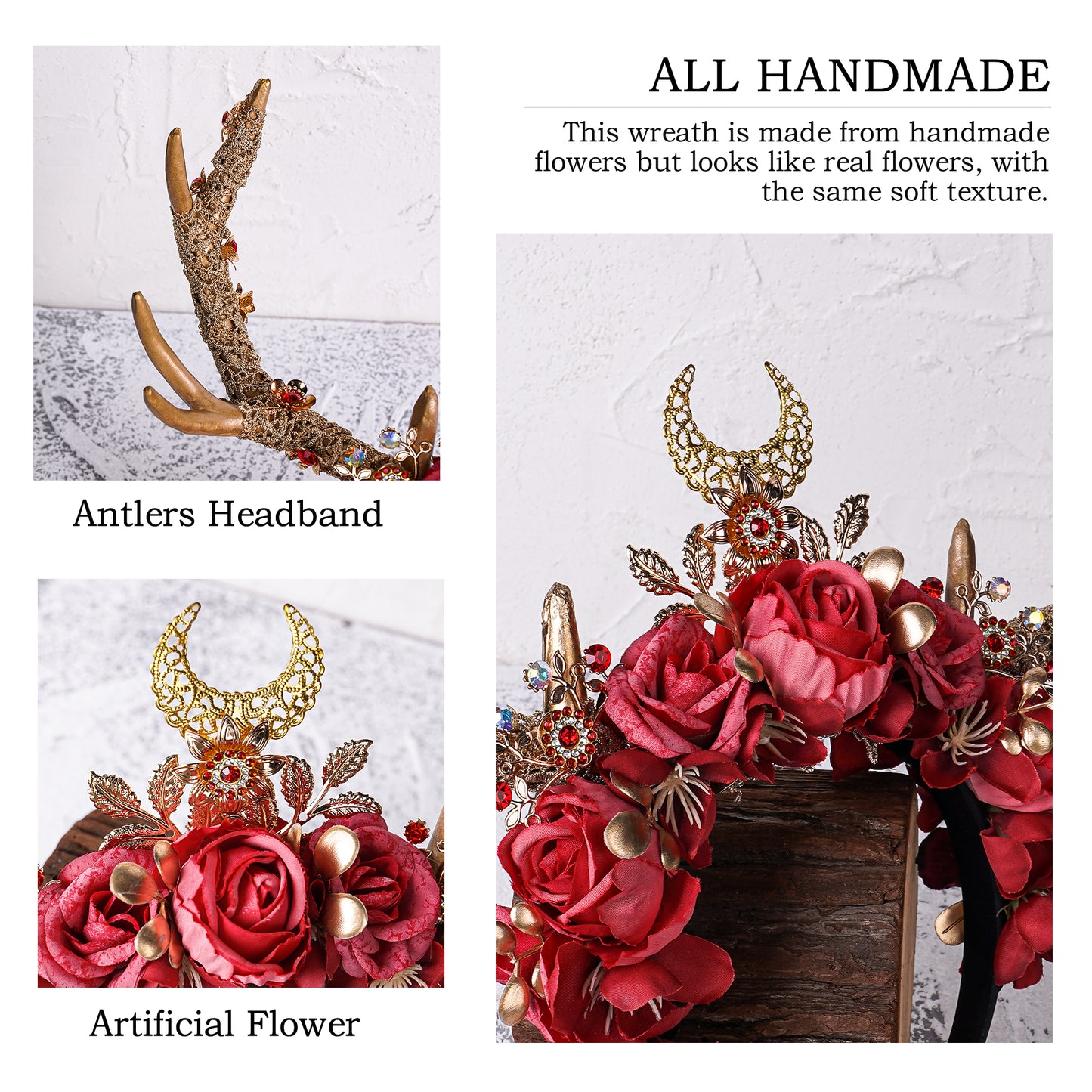 Handmade Flower Antler Headband - Woodland Gold Deer Horns Hairband Fairy Floral Reindeer Headpiece