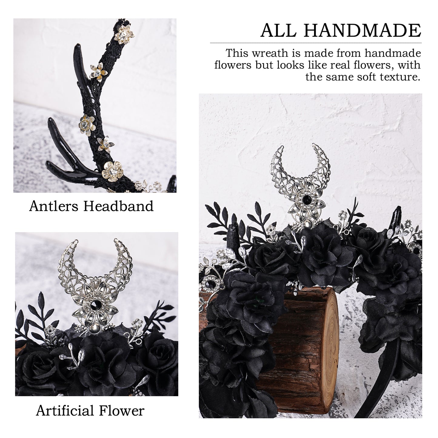 Handmade Black Deer Horns Headband - Dark Flower Antler Headband Gothic Floral Reindeer Hairband