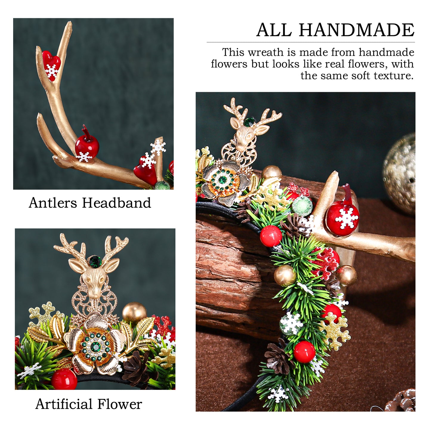 Handmade Christmas Antler Headband - Woodland Gold Reindeer Hairband