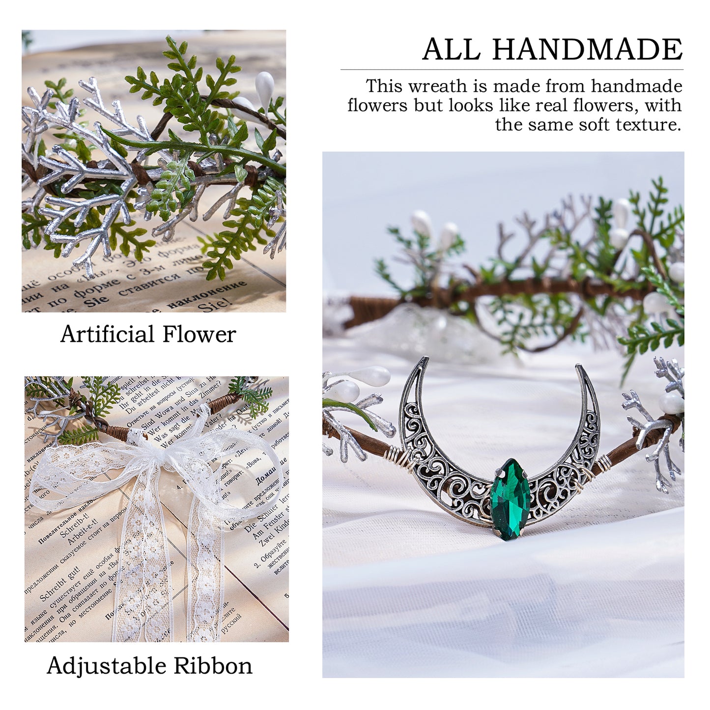 Handmade Green Moon Flower Crown - Woodland Elf Headband