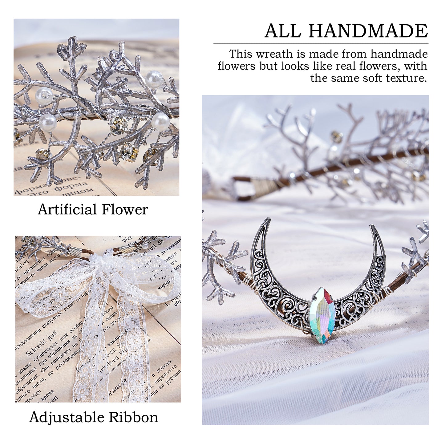 Handmade Silver Flower Moon Crown - Forest Fairy Headpiece